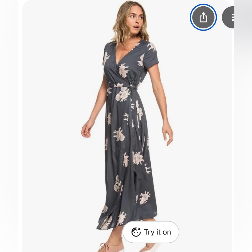 Roxy Women’s Charcoal Gray District Day Floral Maxi Wrap Dress Short Sleeve